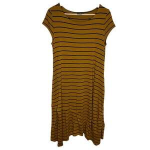 Lisa Bayne Womens Short Sleeve Midi Dress XS Mustard Black Stripe Asymmetrical